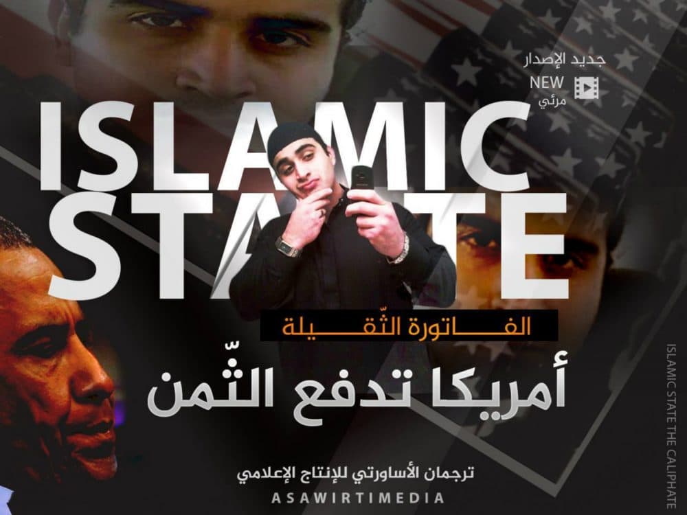 This poster, distributed by an Islamic state militant supporter to advertise a new propaganda video, shows Omar Mateen who killed 49 people at the Pulse nightclub in Orlando, Florida, with 'Islamic State' blazoned behind him. It took just a few hours for the Islamic State group’s opportunistic propaganda machine to take responsibility for the latest bloodshed in Florida, with messages claiming the attacker as its own. It may take the group longer to sort through the implications of a killer whose backstory of conflicted sexuality and heavy drinking is at odds with a carefully crafted public image of its fighters. Arabic reads: “The large bill. America is paying the price.” (Militant Media Arm via AP)