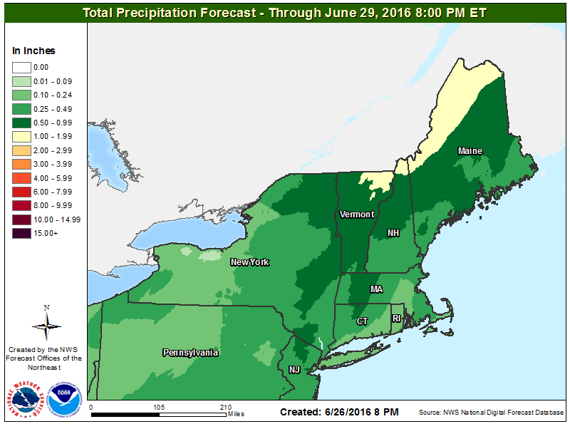 Rainfall totals expected Tuesday and Wednesday morning. (Dave Epstein/WBUR)