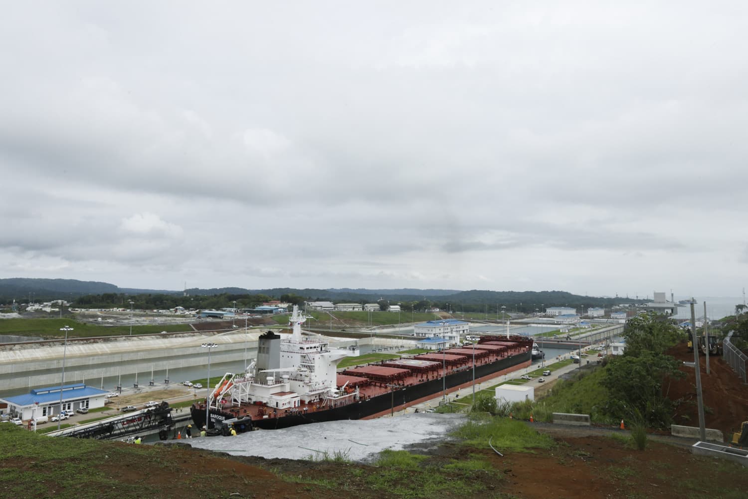 The Malta flagged cargo ship named Baroque, a post-Panamax vessel, navigates the Agua Clara locks on the second test day of the newly expanded Panama Canal in Agua Clara, Panama, (Arnulfo Franco/AP)