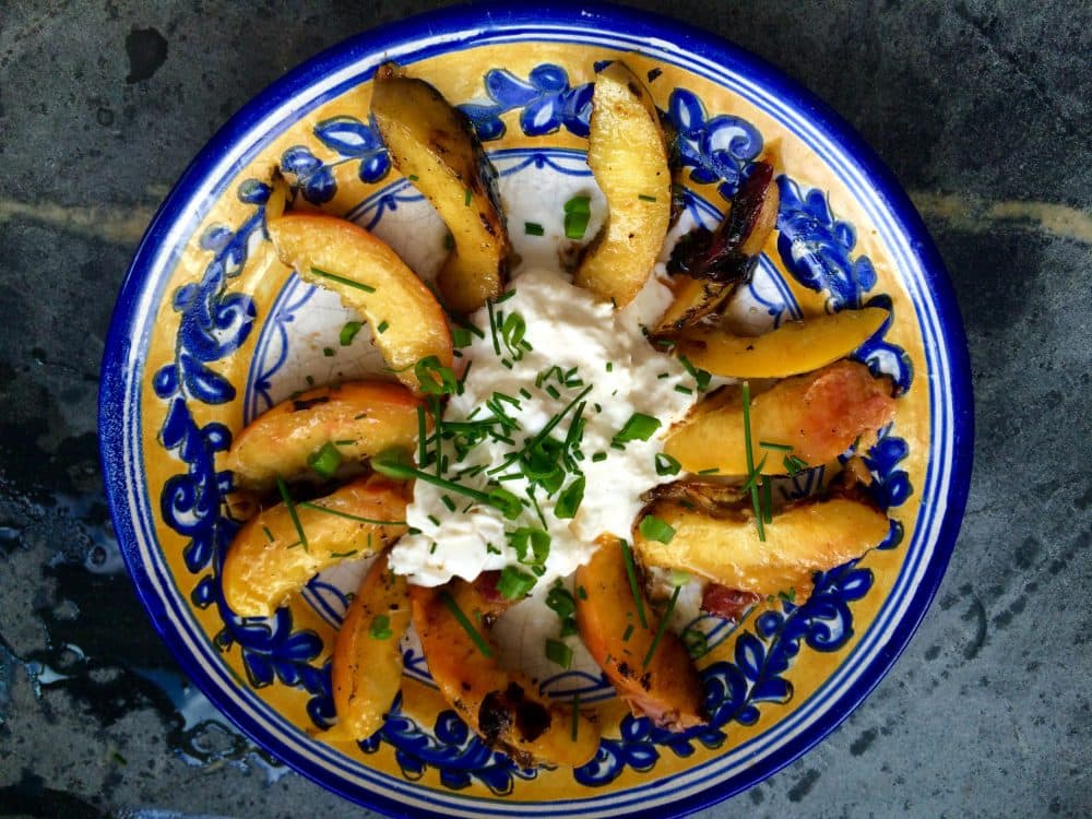 Kathy Gunst's grilled peaches and burrata. (Kathy Gunst for Here & Now)