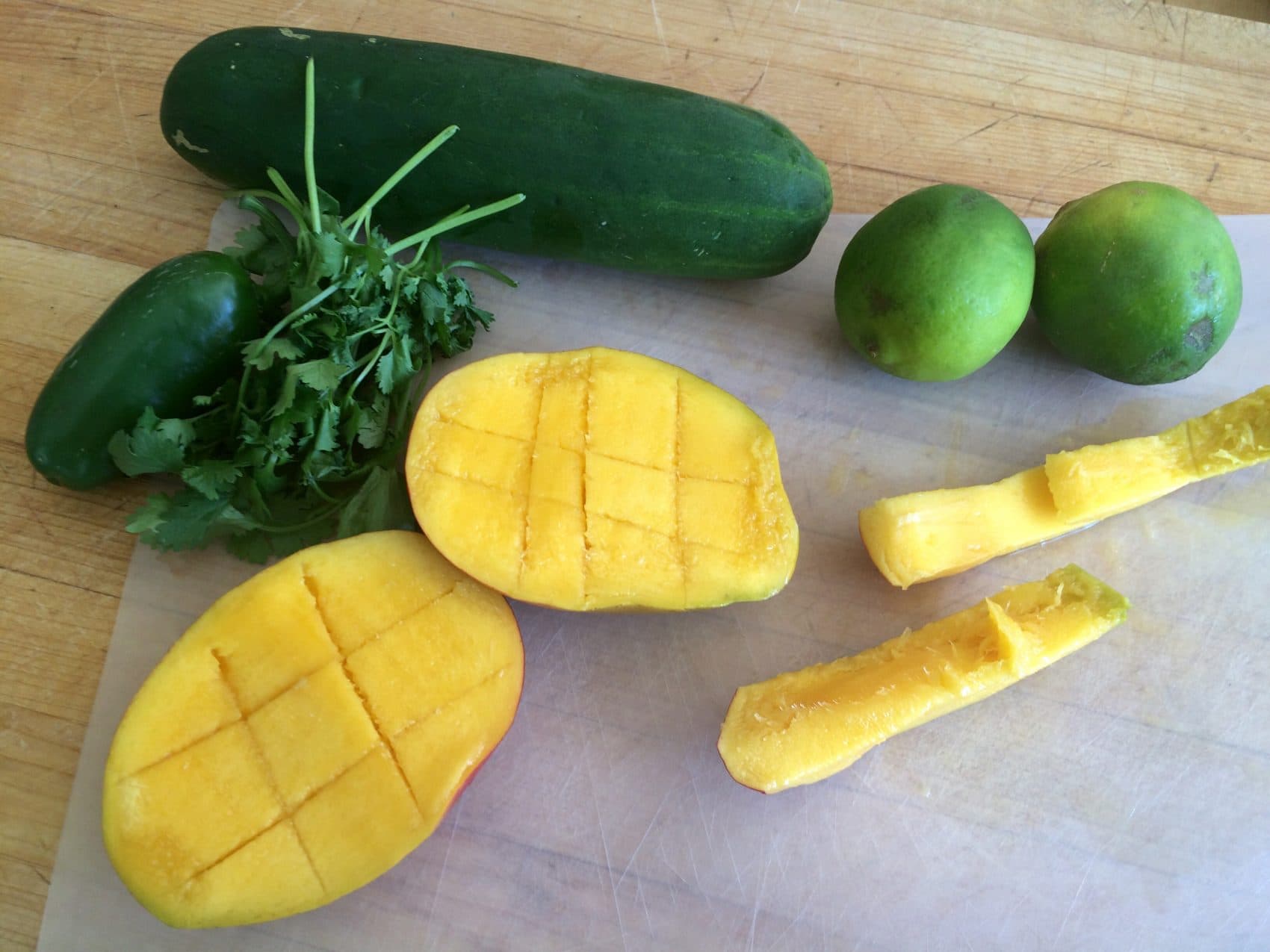 The ingredients for Kathy's grilled mango salad. (Kathy Gunst for Here &amp; Now)