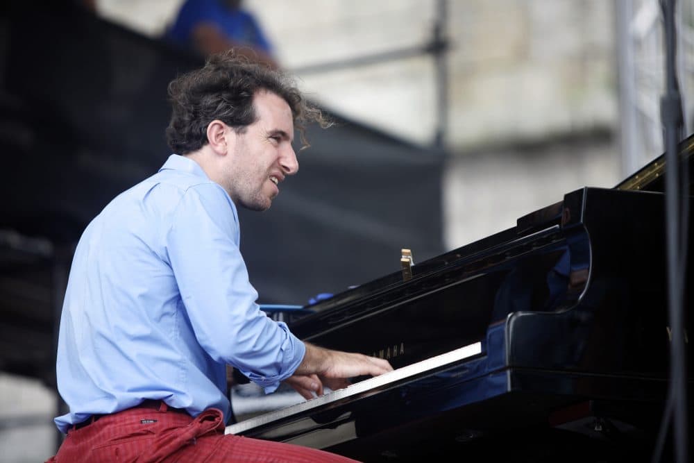 Aaron Goldberg plays piano with The Three Cohens at the Newport Jazz Festival in Newport, R.I. on Sunday, Aug. 5, 2012. (Joe Giblin/AP)