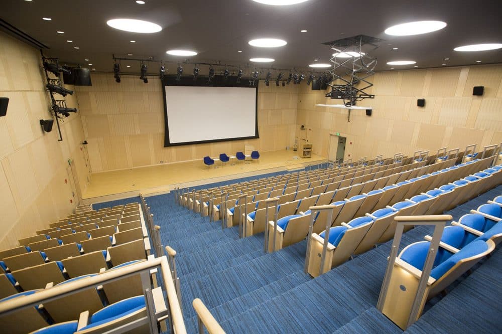 Renovations include a complete makeover for the Rabb lecture hall. (Joe Difazio for WBUR)