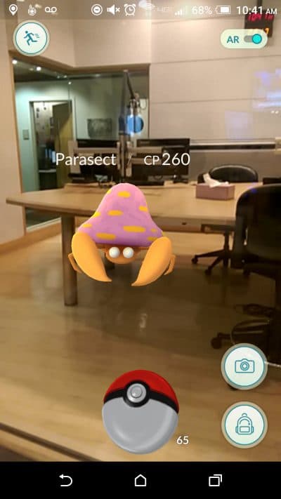 Here &amp; Now producer Dean Russell plays Pokémon GO in the WBUR studio. (Dean Russell/Here &amp; Now)