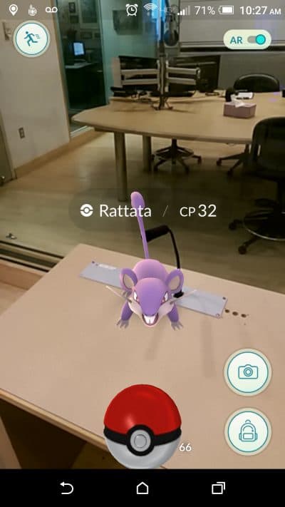 Here &amp; Now producer Dean Russell plays Pokémon GO in the WBUR studio. (Dean Russell/Here &amp; Now)