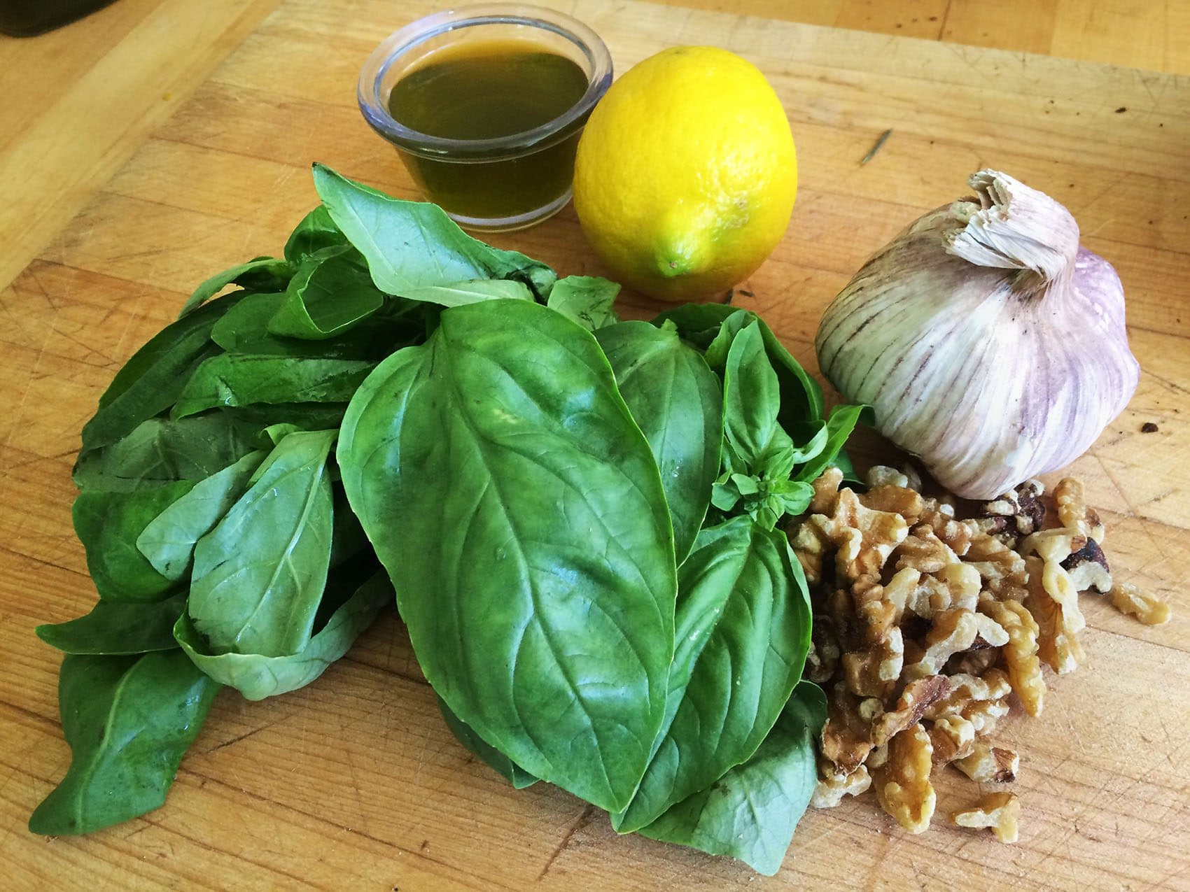 The ingredients for Kathy's basil-pesto salad dressing. (Kathy Gunst for Here &amp; Now)