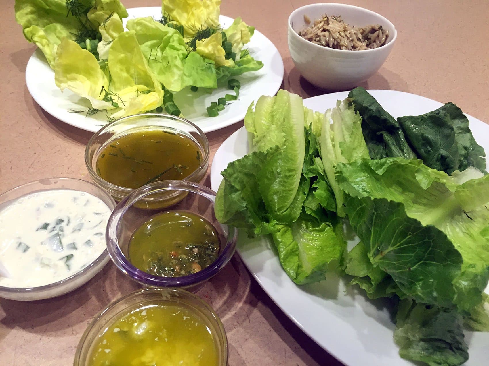 A sampling of Kathy's salad dressings in the Here &amp; Now studio. (Kathy Gunst for Here &amp; Now)