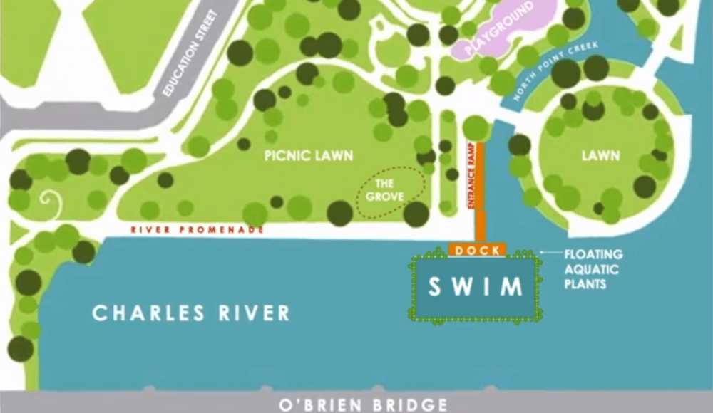 The site in North Point Park the Charles River Conservancy's feasibility study recommends for a permanent swimming facility. (Courtesy Charles River Conservancy)