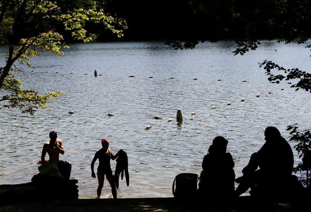 A swimmer steps out of the water at the edge of Walden Pond in Concord, Mass., in this May 2010 photo. (Steven Senne/AP)