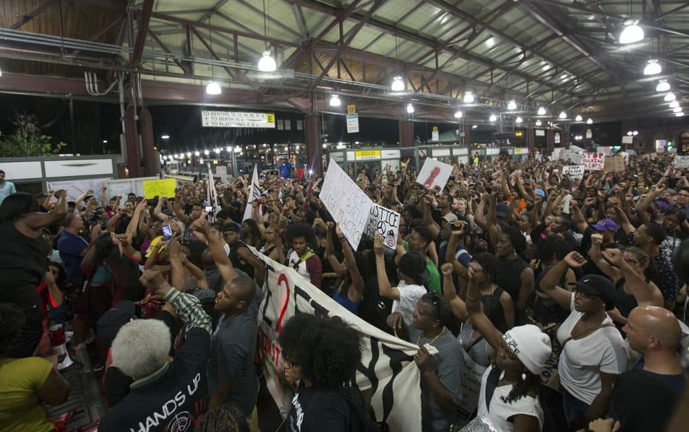 Here, the demonstrators fill Dudley Station. (Joe Difazio for WBUR)