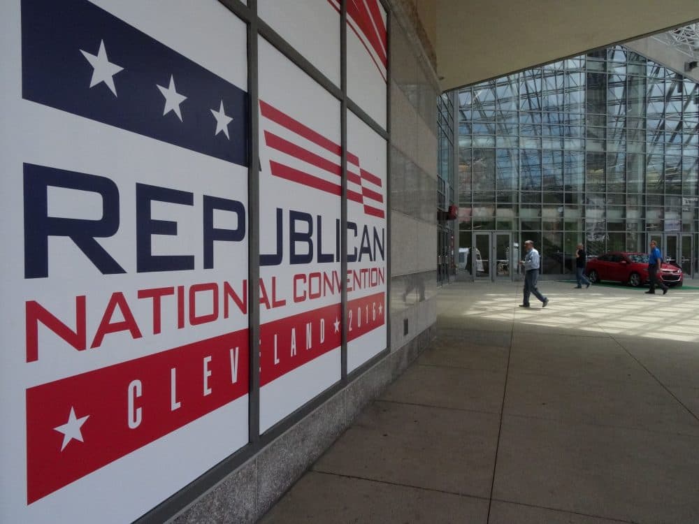 People walk into the Quicken Loans arena in downtown Cleveland, Ohio on July 14, 2016, days before the city hosts the Republican National Convention. (Eva Hambach/AFP/Getty Images)