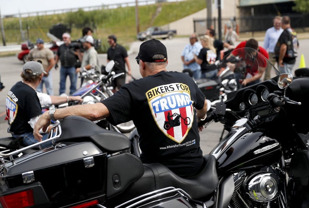 Members of the group Bikers for Trump arrive at a rally for Republican Presidential candidate Donald Trump at Settlers Landing Park on Monday in Cleveland. (John Minchillo/AP)