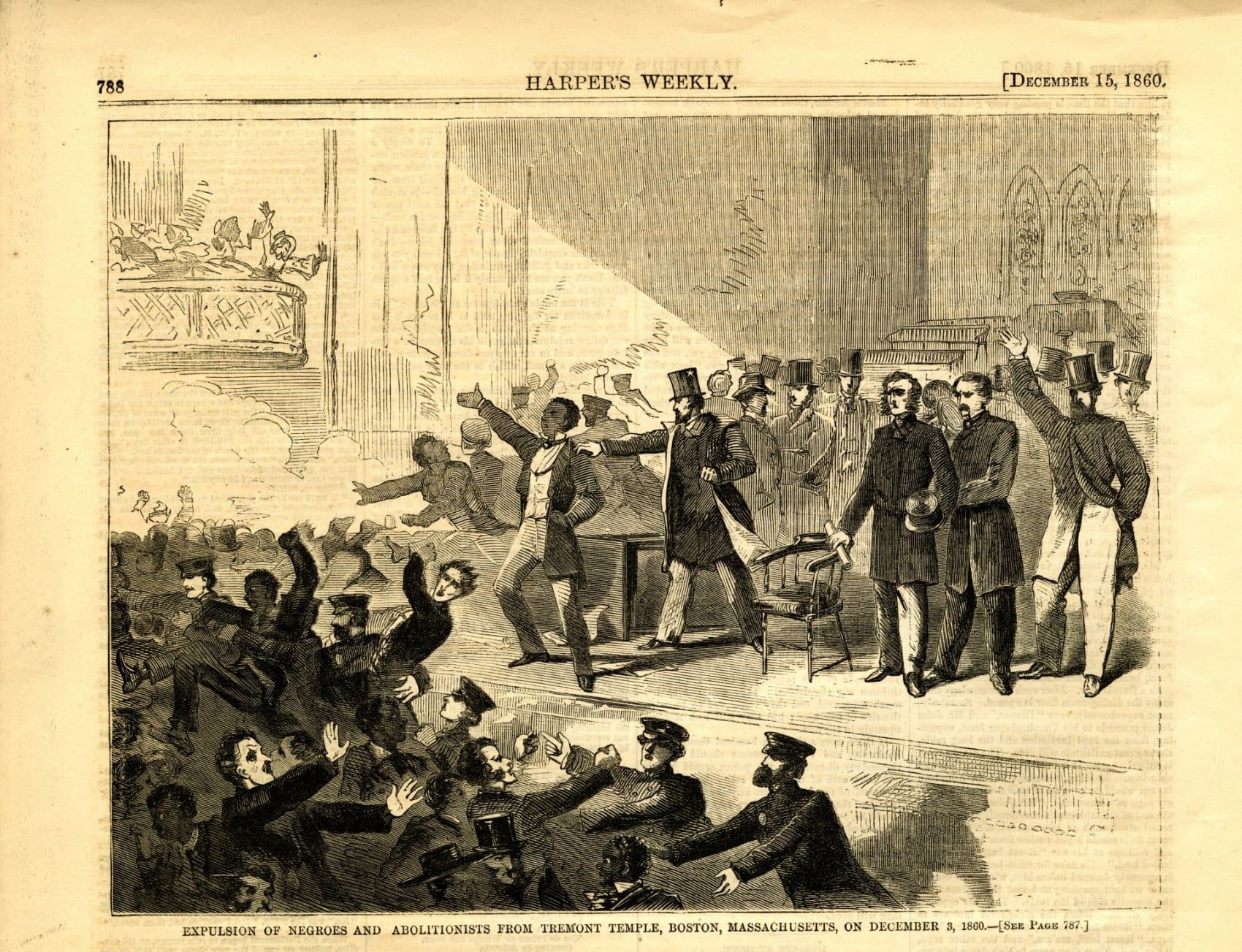 A clipping from Harper's Weekly depicting the expulsion of abolitionists from Tremont Temple in Boston in 1860. (Courtesy Museum of African American History)