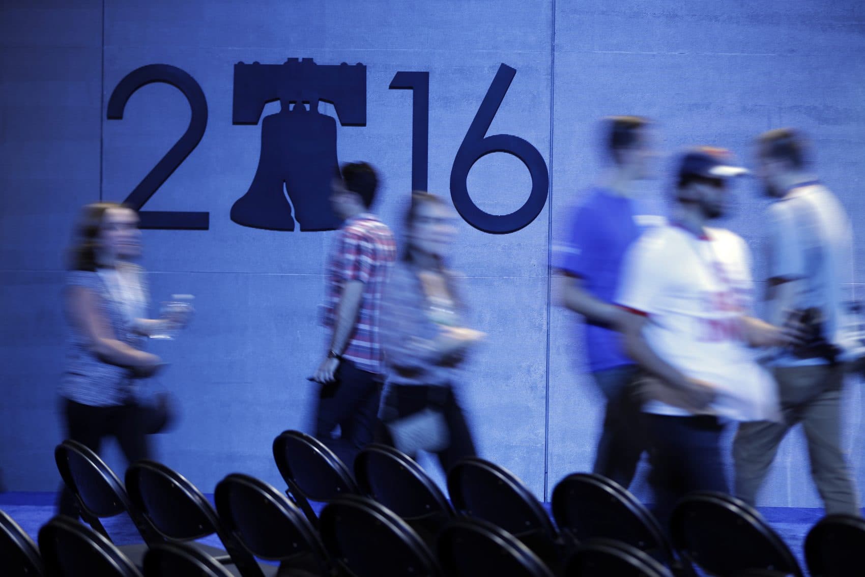 People move about the Wells Fargo Center on Sunday ahead of the 2016 Democratic National Convention in Philadelphia. (Matt Rourke/AP)