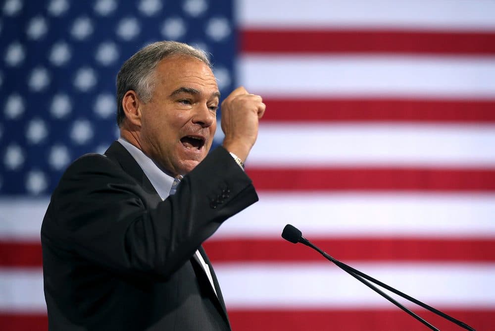 Democratic vice presidential candidate U.S. Sen. Tim Kaine (D-VA) speaks during a campaign rally with Democratic presidential candidate former Secretary of State Hillary Clinton at Florida International University's Panther Arena on July 23, 2016 in Miami, Florida. (Justin Sullivan/Getty Images)