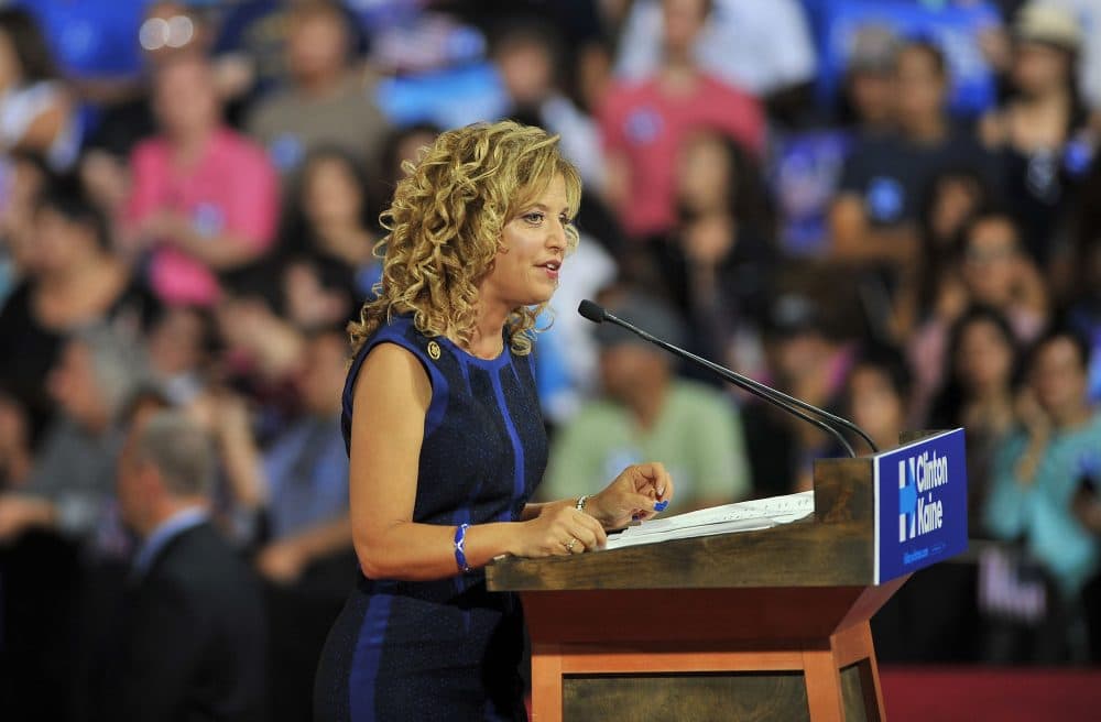 Democratic National Committee Chair, Congresswoman Debbie Wasserman Schultz of Florida addresses a campaign rally for Democratic presidential candidate Hillary Clinton and running mate Tim Kaine at Florida International University in Miami, Florida, July 23, 2016. 
Embattled Democratic Party chair Debbie Wasserman Schultz said July 24, 2016 she is resigning, following a leak of emails suggesting an insider attempt to hobble the campaign of Hillary Clinton's rival in the White House primaries Bernie Sanders. (GASTON DE CARDENAS/AFP/Getty Images)