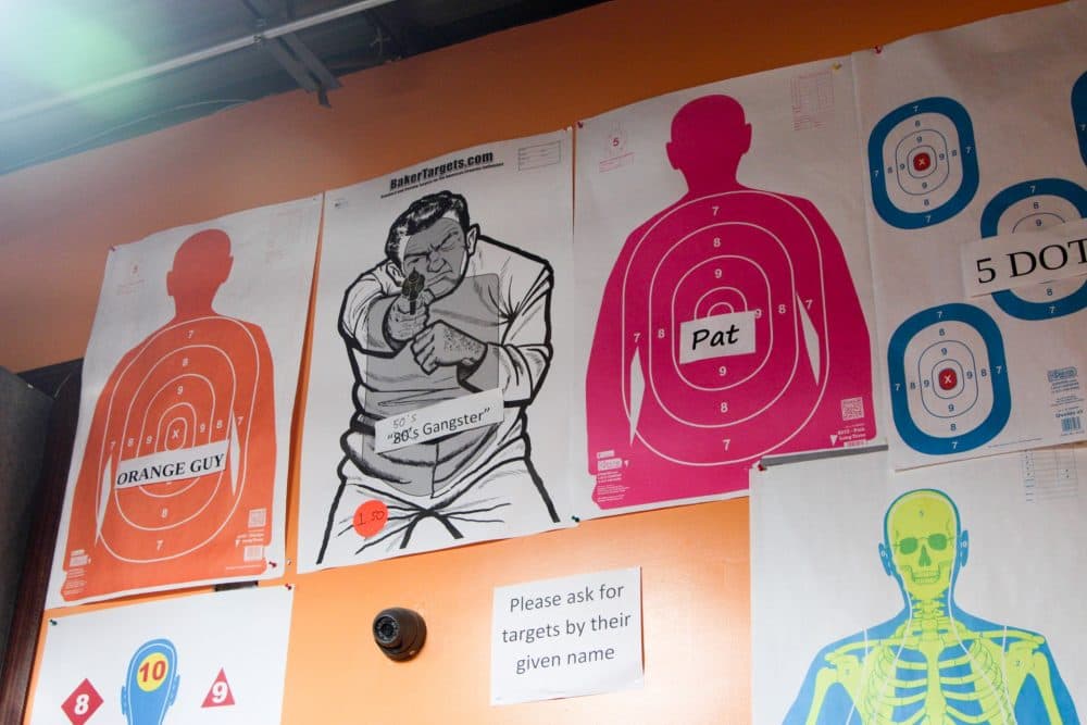 Targets on display at The Gun Range in North Philadelphia. (Dean Russell/Here &amp; Now)