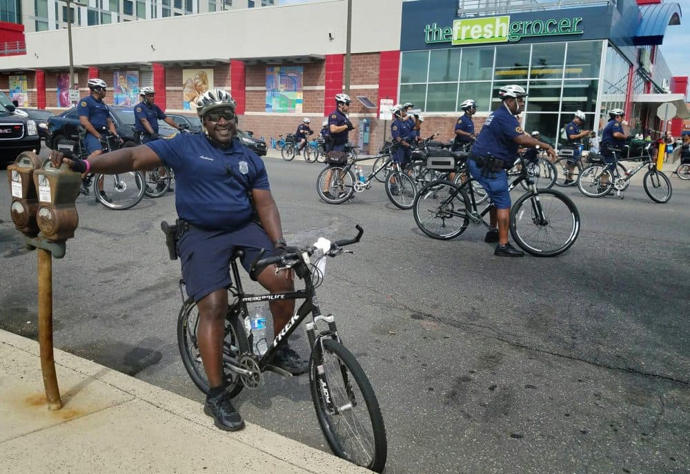 Police on hand for the Black Lives Matter protest in Philadelphia on Tuesday. (Zeninjor Enwemeka/WBUR)