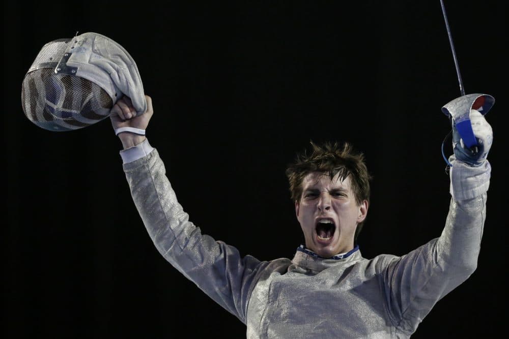 Eli Dershwitz after he defeated Canada's Joseph Polossifakis in the gold medal match of the men's sabre individual fencing competition at the Pan Am Games in Toronto on July 20, 2015. (Felipe Dana/AP)