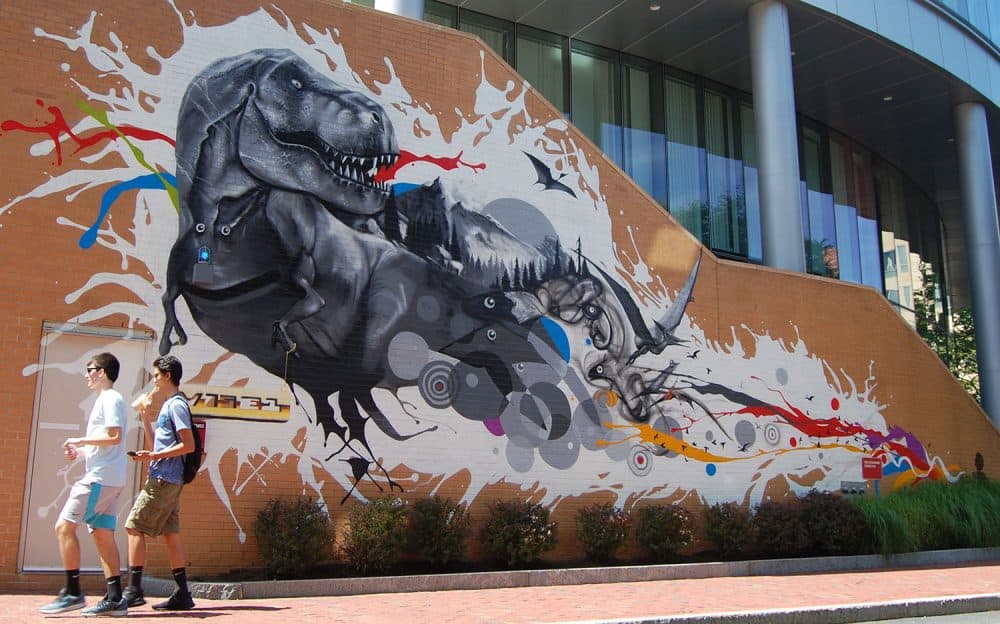 Cedric Douglas’ 2016 mural &quot;A World Of Innocent Wonder&quot; at Northeastern University. (Greg Cook/WBUR)