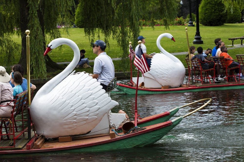 Two Swan Boats pass each other in the Public Garden's Lagoon. (Jesse Costa/WBUR)