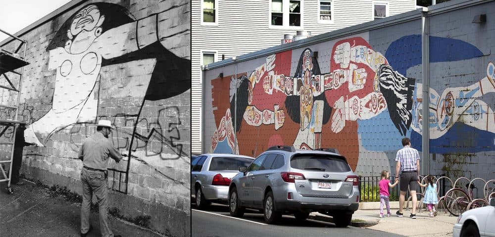 At left: Garcia paints the mural in 1984 and, at right, the mural now (Courtesy City of Boston Archives, Robin Lubbock/WBUR)