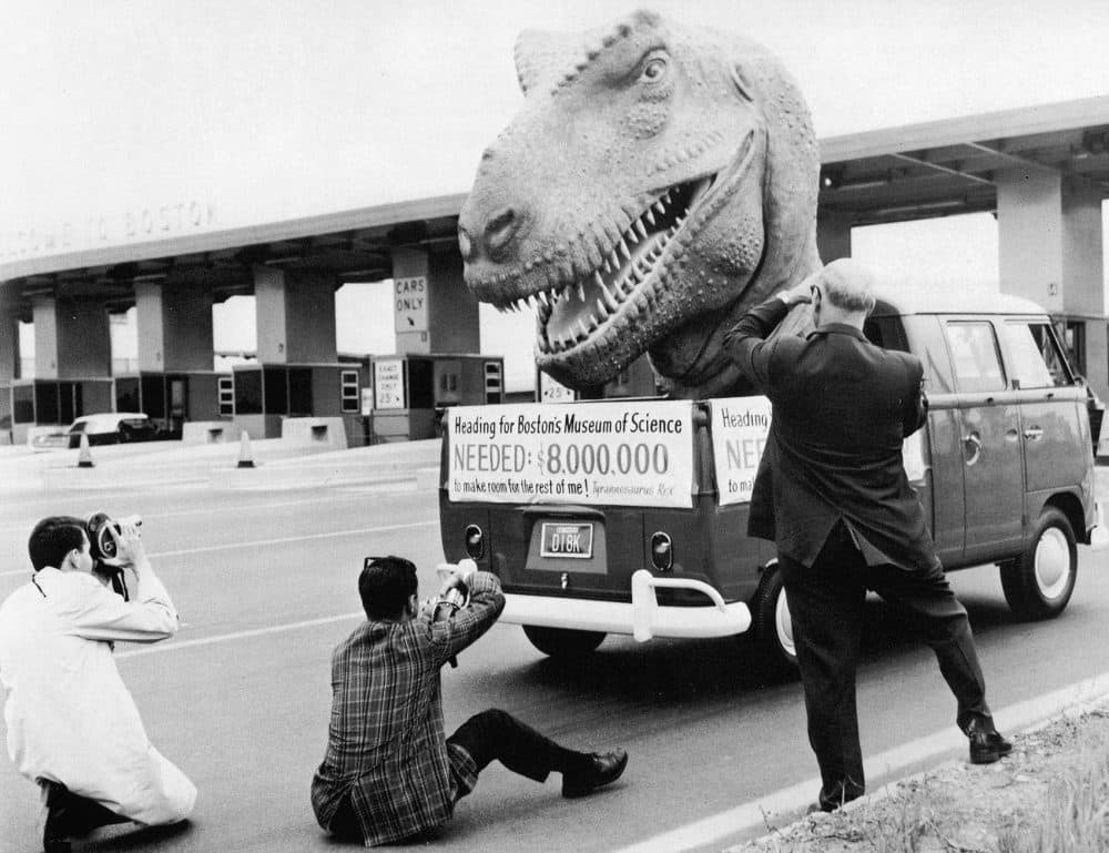 The Tyrannosaurus rex head on the back of a flatbed truck, touring around Greater Boston in 1966 to raise funds for the museum's building. (Courtesy Museum of Science, Boston)