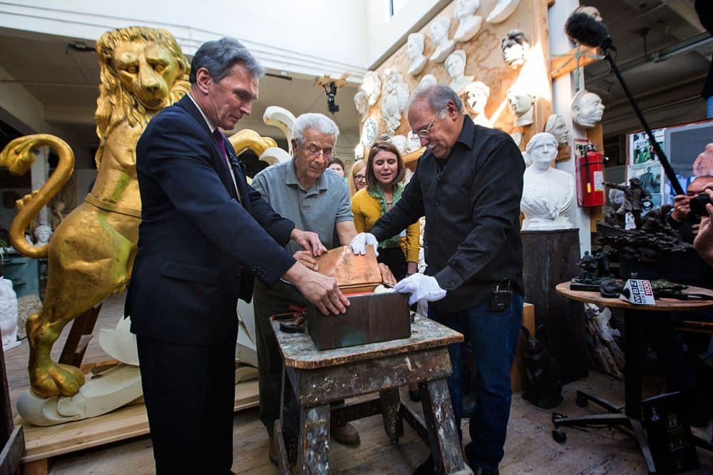 In 2014, historians opened a copper time capsule that was left in the lion statue more than 100 years ago. (Jesse Costa/WBUR)