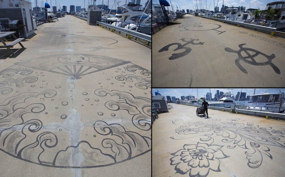 Connected by Sea” consists of designs that point out different places around the world including (clockwise from left) Japan, the Caribbean and Russia. (Jesse Costa/WBUR)