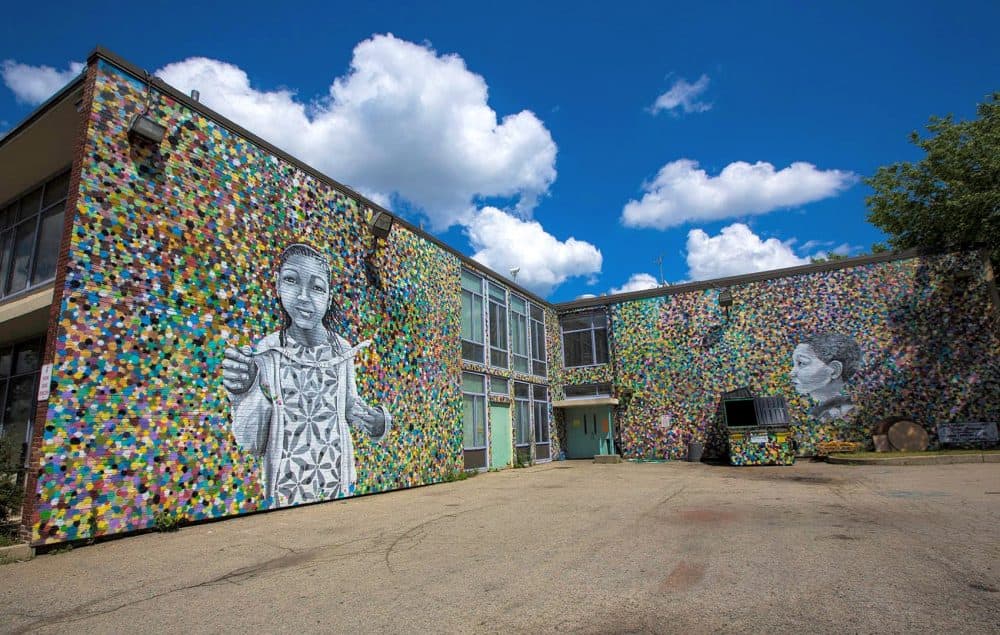 Mural by Katie Yamasaki and Caleb Neelon at Tobin School in Roxbury. (Jesse Costa/WBUR)