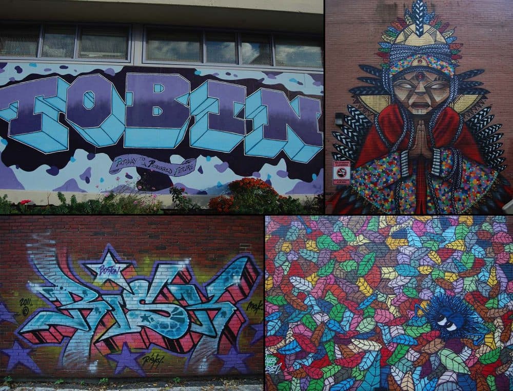 Graffiti murals, clockwise from top left, by: unknown; Victor “Marka27” Quiñonez and Caleb Neelon; Neelon; and Risky. (Greg Cook/WBUR)