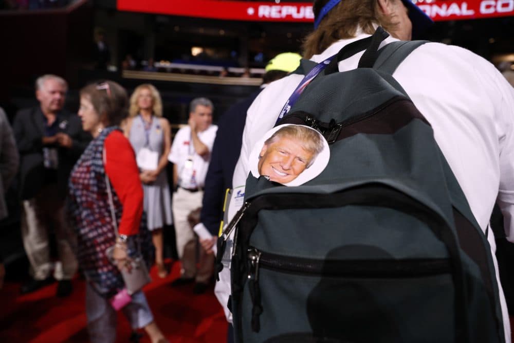 Trump supporter Jake Byrd from Chino, California, shows support on his backpack during first day of the RNC. (Carolyn Kaster/AP)