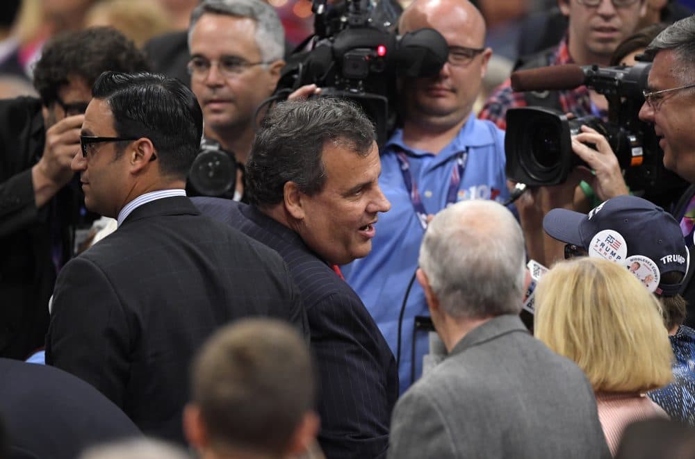 New Jersey Gov. Chris Christie is spotted during the evening session of the RNC on Monday. (Mark J. Terrill/AP)