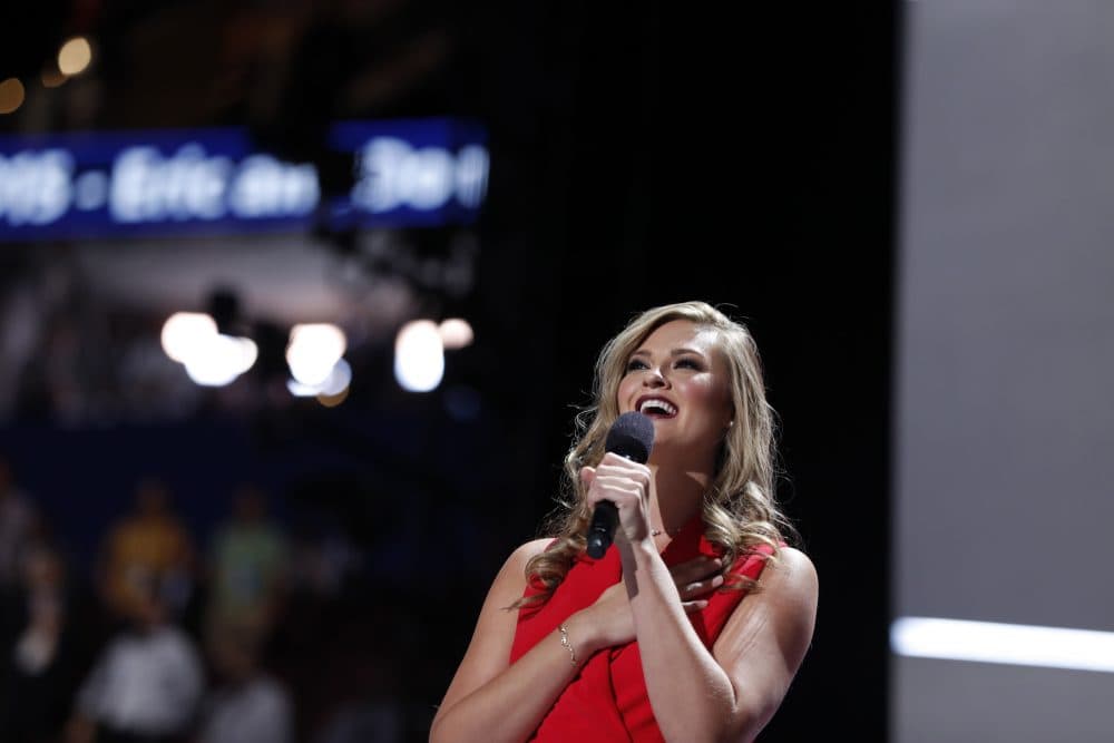 Ayla Brown, former Massachusetts Sen. Scott Brown's daughter, sings the National Anthem at the start of the final night of the Republican National Convention. (Carolyn Kaster/AP)