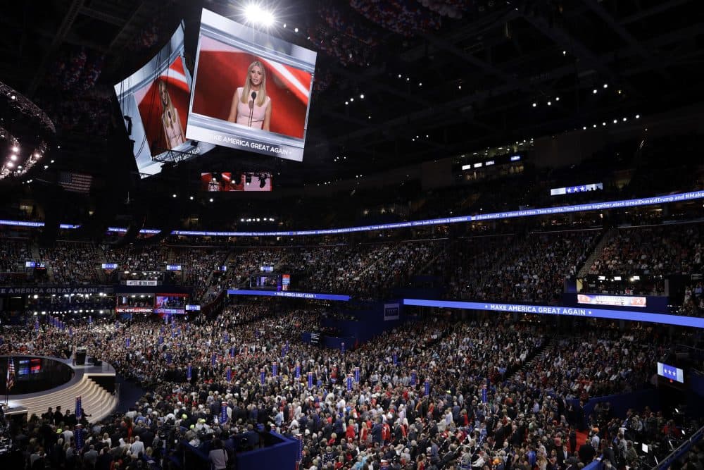 Ivanka Trump is seen on the big screens inside the arena Thursday night. (John Locher/AP)