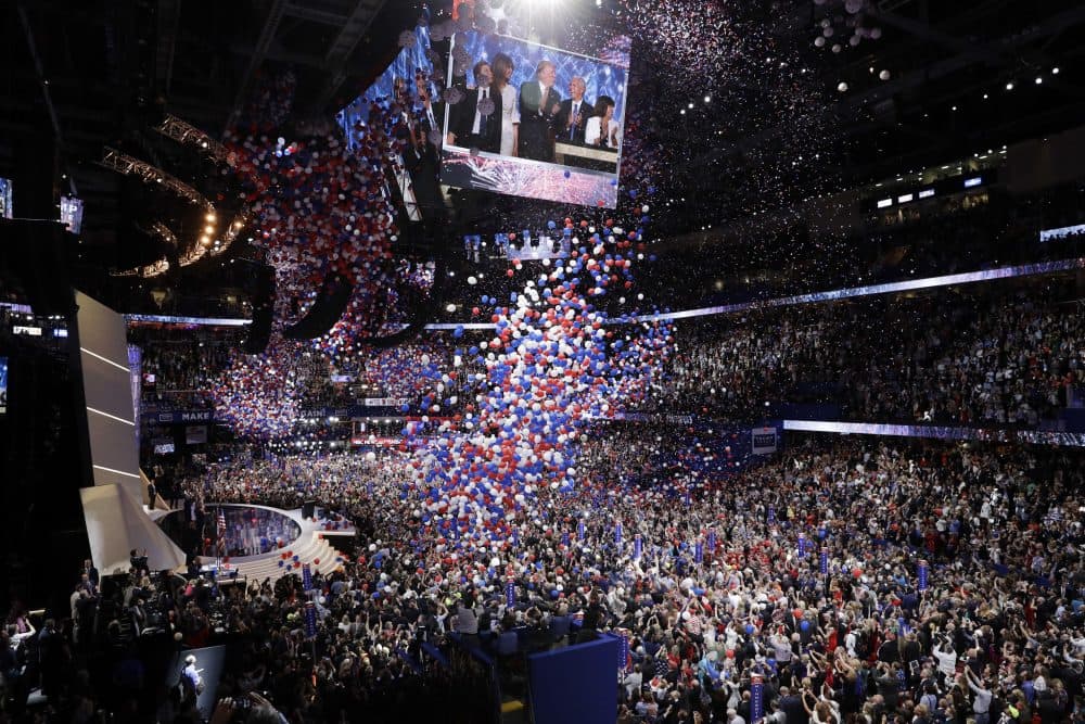 The balloons fall after Trump's speech. (John Locher/AP)