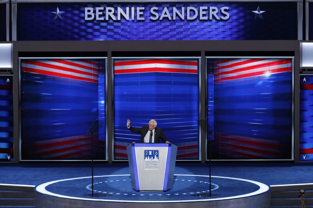 Former Democratic presidential candidate, Sen. Bernie Sanders speaks Monday night at the Democratic National Convention. (J. Scott Applewhite/AP)