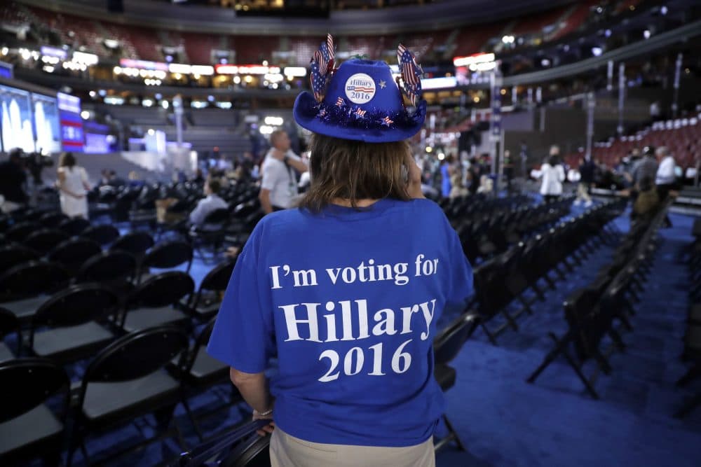 Florida delegate Dianne Krumel shows her support for Democratic presidential candidate Hillary Clinton before the start of the third day of the Democratic National Convention. (Matt Rourke/AP)