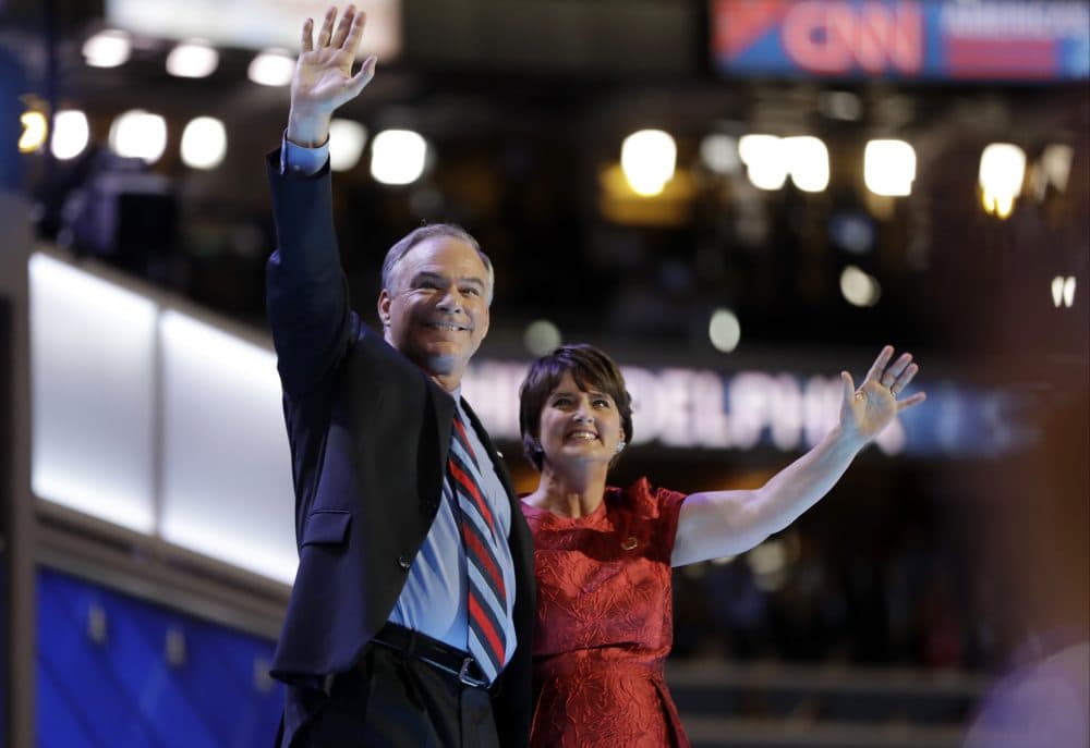 Democratic vice presidential candidate Tim Kaine waves to the crowd with his wife Anne Holton. (Matt Rourke/AP)