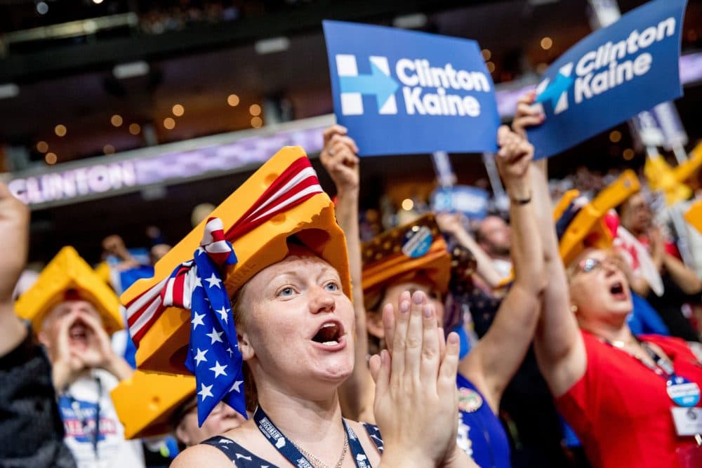 Wisconsin delegate Karla Stoebig, left, wears a cheesehead. (Andrew Harnik/AP)
