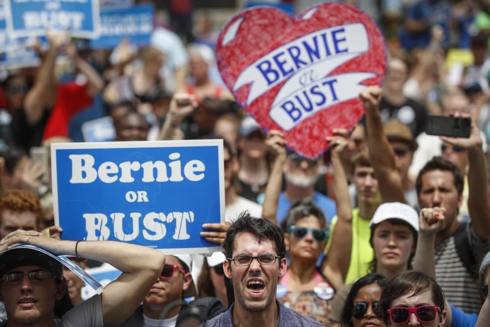 Supporters of Sen. Bernie Sanders rally near City Hall in Philadelphia. (John Minchillo/AP)