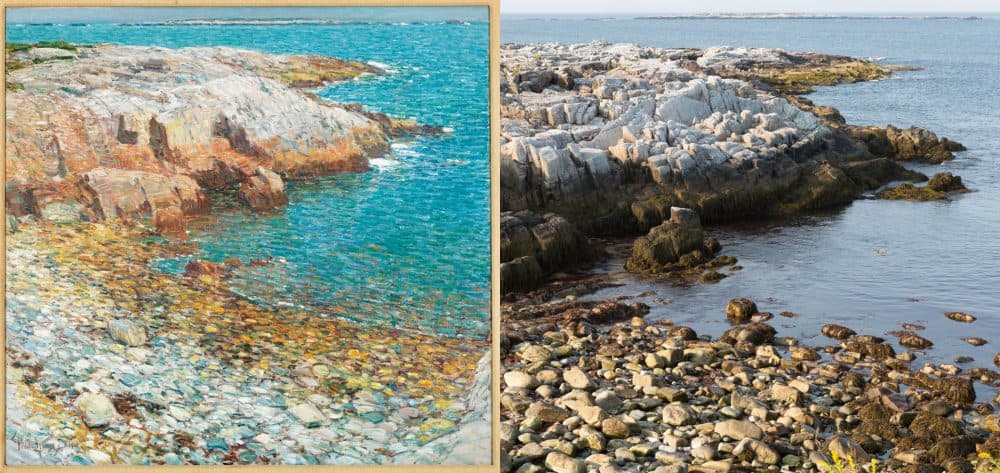 Childe Hassam's painting entitled &quot;Broad Cove&quot; next to a photograph of the location. (Image of painting courtesy of Honolulu Art Museum, Photograph courtesy Kathy Tarantola/PEM)