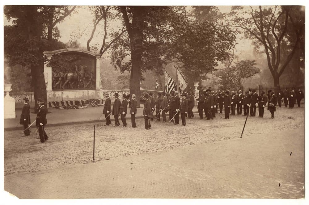 Veterans of the 54th Massachusetts Regiment march past the Shaw Memorial during 1897 dedication ceremonies. (Courtesy of the Massachusetts Historical Society)