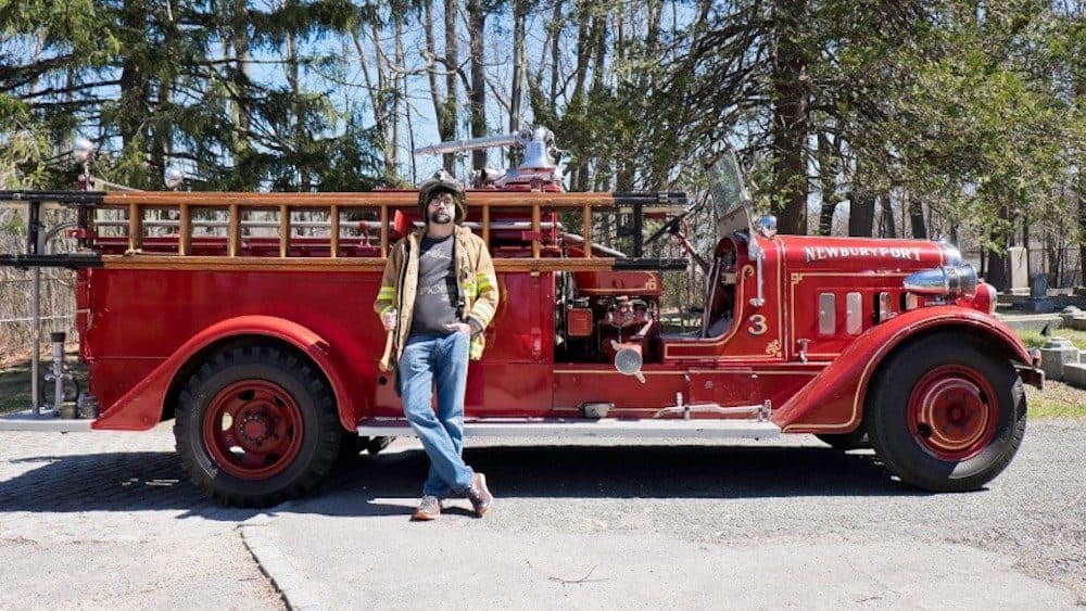 Joe Hill poses with a firetruck for his latest novel, "The Fireman" (Courtesy Jen Salt)