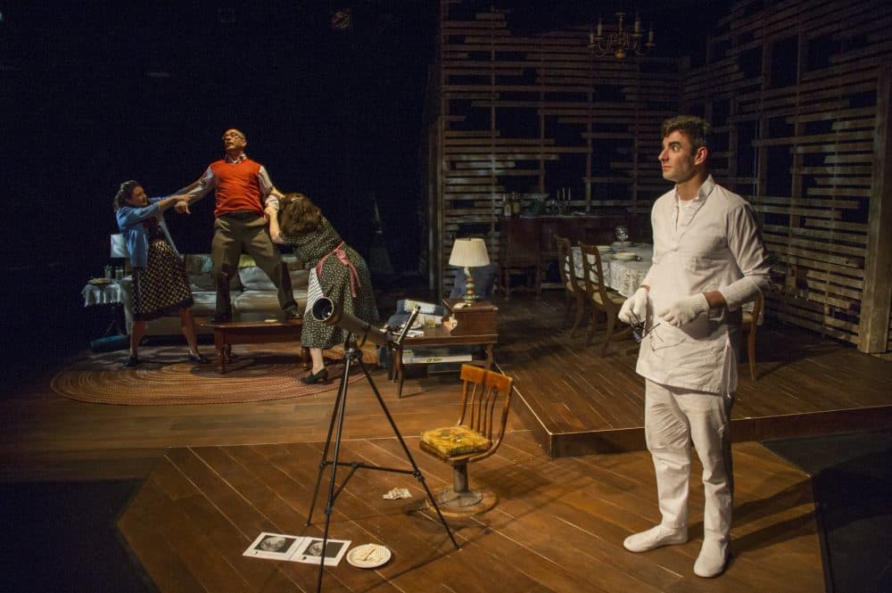 Paul Melendy in the foreground. Background (L to R): Brianne Beatrice, Gabriel Kuttner, Veronica Anatasio. (Courtesy Kippy Goldfarb/Gloucester Stage Company)
