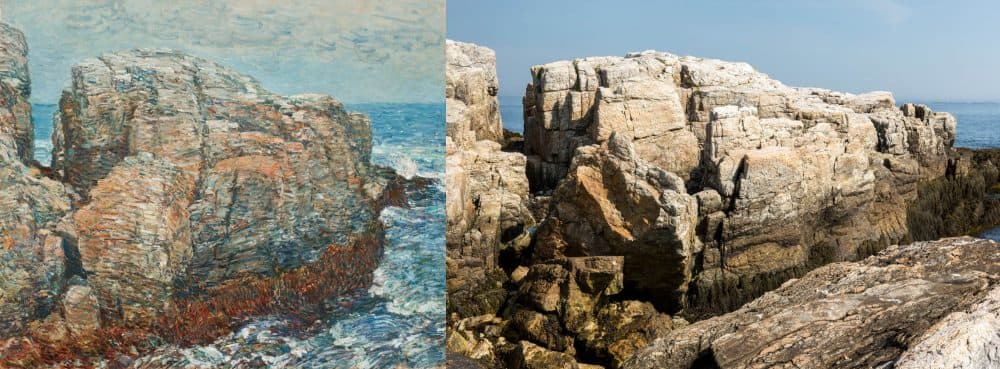 Childe Hassam's painting entitled &quot;Sylph's Rock&quot; of a trap dyke is seen next to a photograph of the location on Appledore Island. (Image of painting courtesy of Worcester Art Museum. Photograph courtesy Kathy Tarantola/PEM)