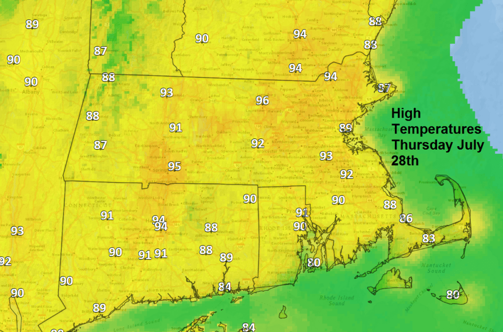 Expected high temperatures for Thursday. (David Epstein/WBUR)