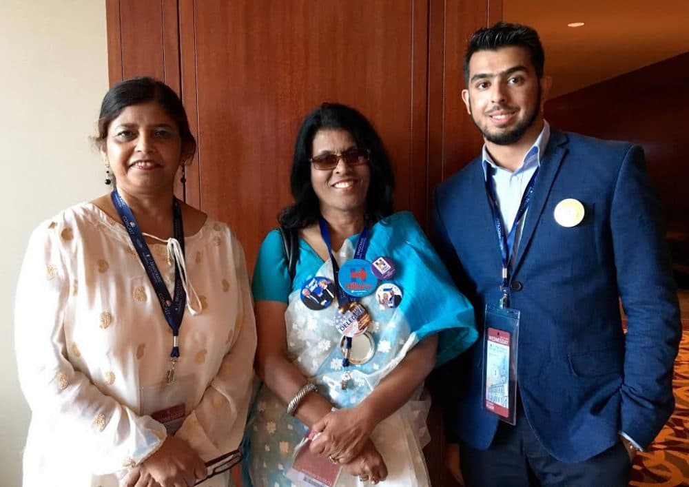 From left: Muslim delegates from Massachusetts Homaira Naseem, Nazda Alam and Noman Khanani, at the DNC this week in Philadelphia (Shannon Dooling/WBUR)