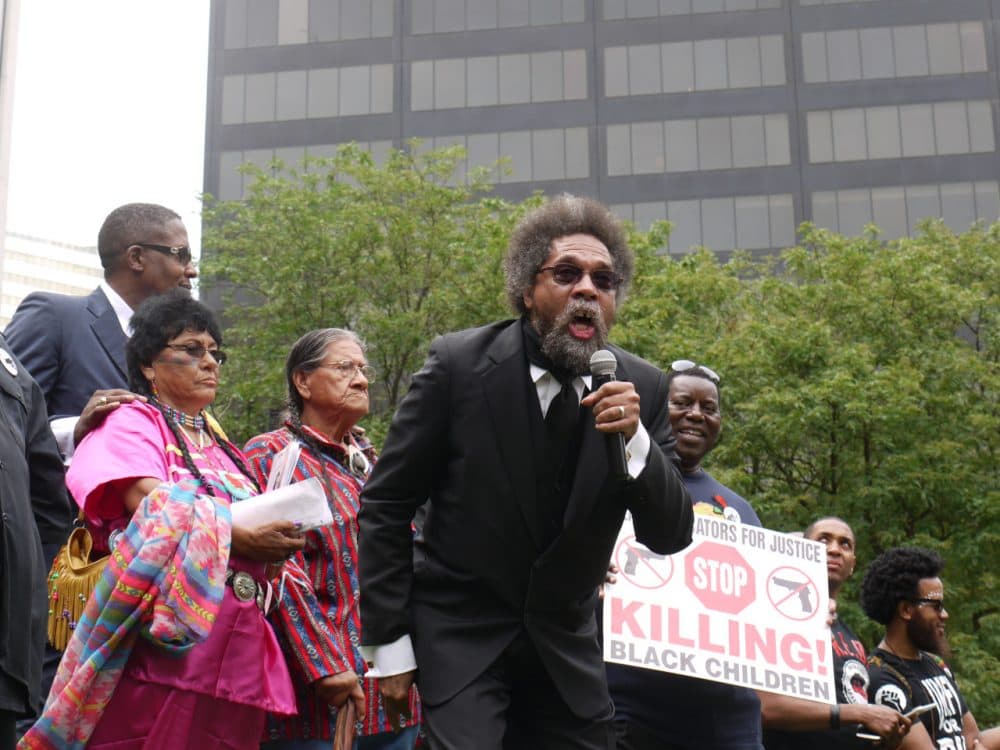There were several protests during the week of the RNC drawing attention to police violence against black people. Cornel West speaks at a black unity rally. (Alex Ashlock/Here &amp; Now)