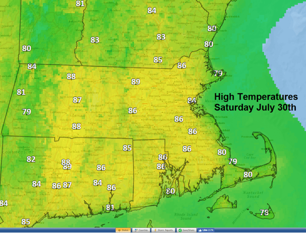 Predicted high temperatures for Saturday. (Dave Epstein/WBUR)